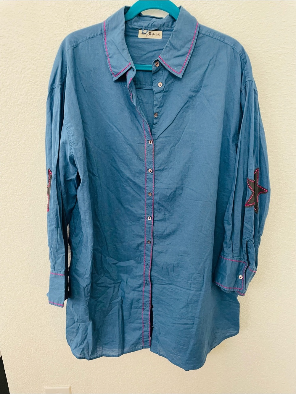 NATURAL LIFE Blue oversized Button-Down Shirt with Pink Accent Stitching